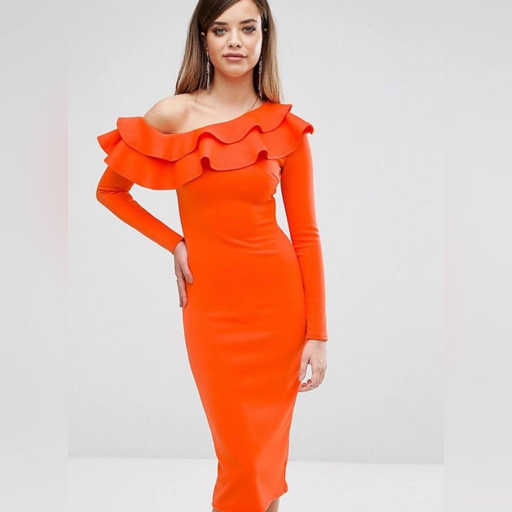 NWT ORANGE ASOS CLUB L LONDON ONE SHOULDER FRILL MIDI DRESS L/16 - Picture 1 of 6